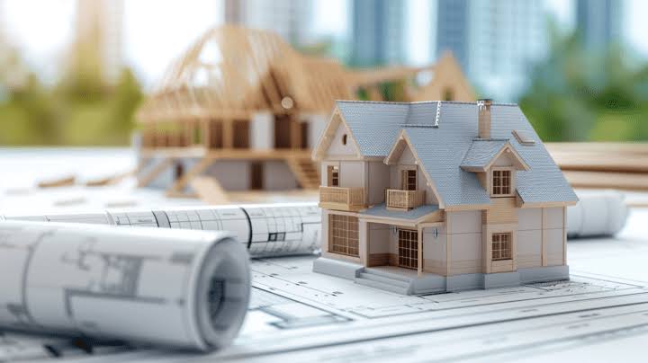 Maqueta de vivienda sobre planos