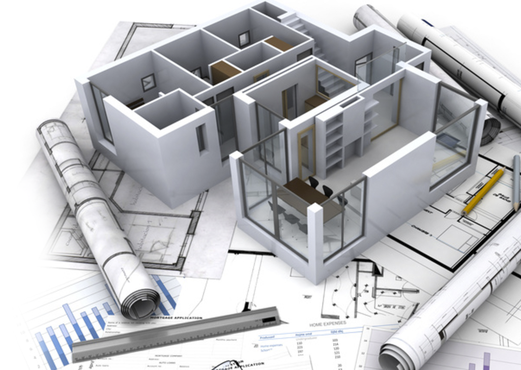 Modelo arquitectónico ilustrativo sobre planos